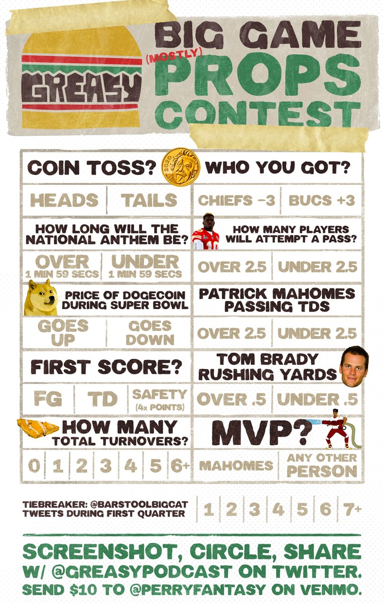GreasyPodcast's tweet photo. Yo. The Big Game (Mostly) Props Contest is finally here. Don't forget to circle the @BarstoolBigCat tiebreaker.

Follow the instructions on the bottom of the sheet to enter. Get in before 6:20. https://t.co/MmD2mI3JyD