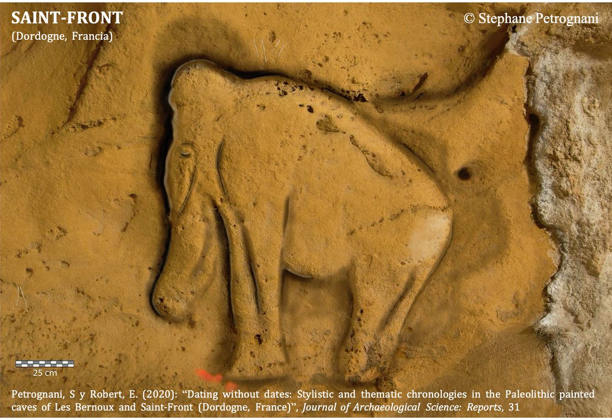 Siguiendo con arte parietal, también destacan los extraordinarios mamuts  en bajorrelieve como el de Saint-Front o Le Pigeonnier, muy escasos dentro del repertorio paleolítico 