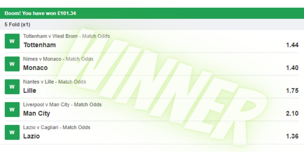tipsgt1's tweet image. Nice 5 fold win @ 10/1. Lazio made me sweat but Immobile is a class act. Nimes Monaco was a crazy game ending 3 - 4. Tottenham are nothing without Kane must be a safety blanket thing. City won the big game, #Foden you give me hope that England can win Something. #sportsbetting