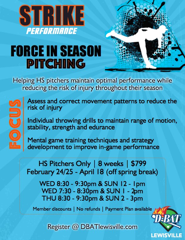 Reminder Strike In Season Force has a few spots left! Call <a href="/DBATLewisville/">D-BAT Lewisville</a> to register  

#strikenation #strikeforce #dbatlewisville