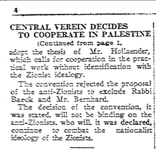 Only when the Nazis forced emigration to Palestine, C.V. began to accept cooperation. Even then, the C.V. viewed emigration as unthinking panic, Fixed in patriotic devotion to Germany, they opposed Zionism with almost the same vehemence with which they fought antisemitism.