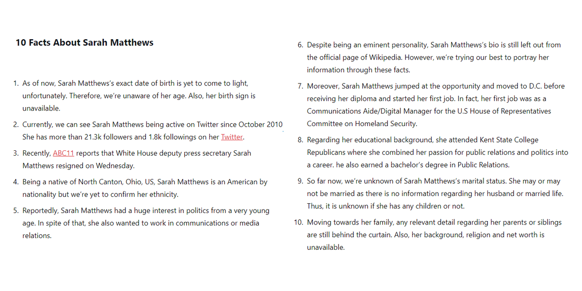 abogens's tweet photo. I want to correct this garbage article by @celeb_pie about Trump aide Sarah Matthews @SarahAMatthews1 / @SarahMatthews45: https://t.co/JWJ8RIwnIQ

#1 of 10: Sarah A. Matthews was born Feb. 20, 1995. Matthews's 26th birthday is Feb. 20, 2021. https://t.co/xCBwQK5JZ1