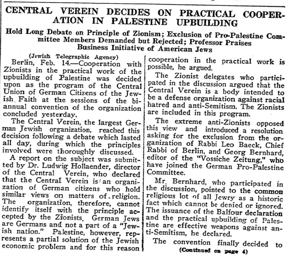 Only when the Nazis forced emigration to Palestine, C.V. began to accept cooperation. Even then, the C.V. viewed emigration as unthinking panic, Fixed in patriotic devotion to Germany, they opposed Zionism with almost the same vehemence with which they fought antisemitism.