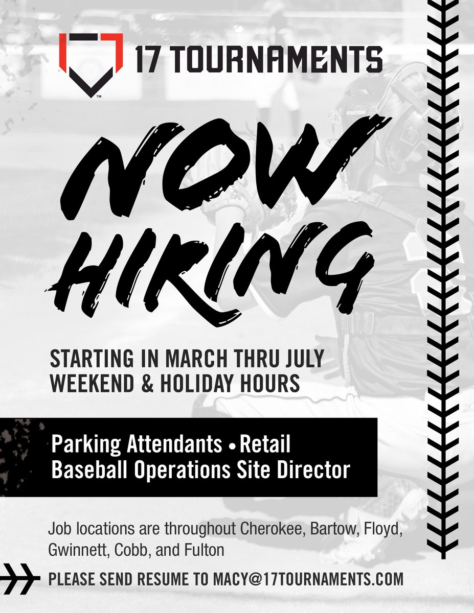 #WereHiring Looking for a part-time job on the weekends? We're hiring staff to help operate our weekend tournaments in the Greater Atlanta Area. 

Interested? Email Macy@17Tournaments.com for more information.
#Play17 #17Baseball #17Softball