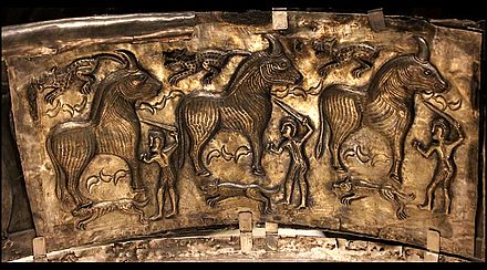 The Gundestrup Cauldron, made of silver, depicting elephants, lions, unknown creatures and deities. Found in a peat bog in Denmark in 1891. Highly mysterious; much debated. True provenance unknown. Possibly 200 - 300 AD.  National Museum of Denmark  https://bit.ly/3pUETQq 