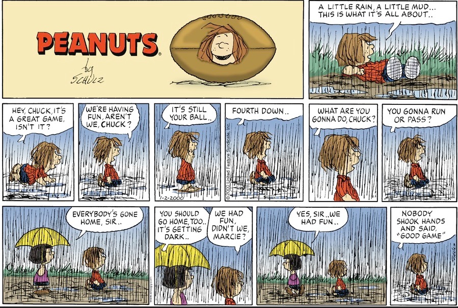 LukeEpplin's tweet image. The last sports strip in "Peanuts" (from January 2, 2000) was about football. A little more than a month after it was published, Schulz would pass away, and I've always considered this one to be about mortality, about the end drawing near.