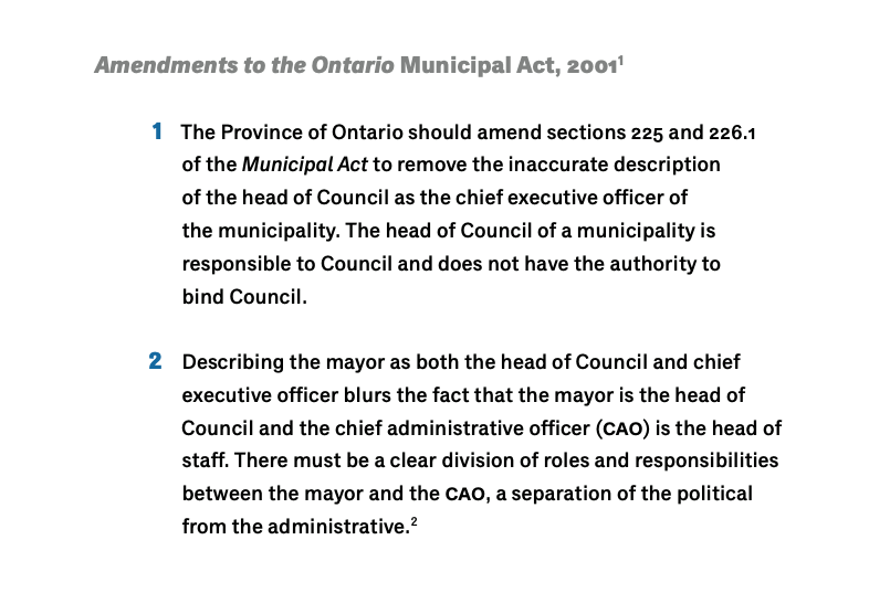 Just this year Judge Marrocco issued his findings in the Collingwood Inquiry. He made some very important recommendations for all municipalities, two of which I want to highlight: 1) The Mayor as CEO is only one vote and the mayor cannot speak for or bind Council. 3/n