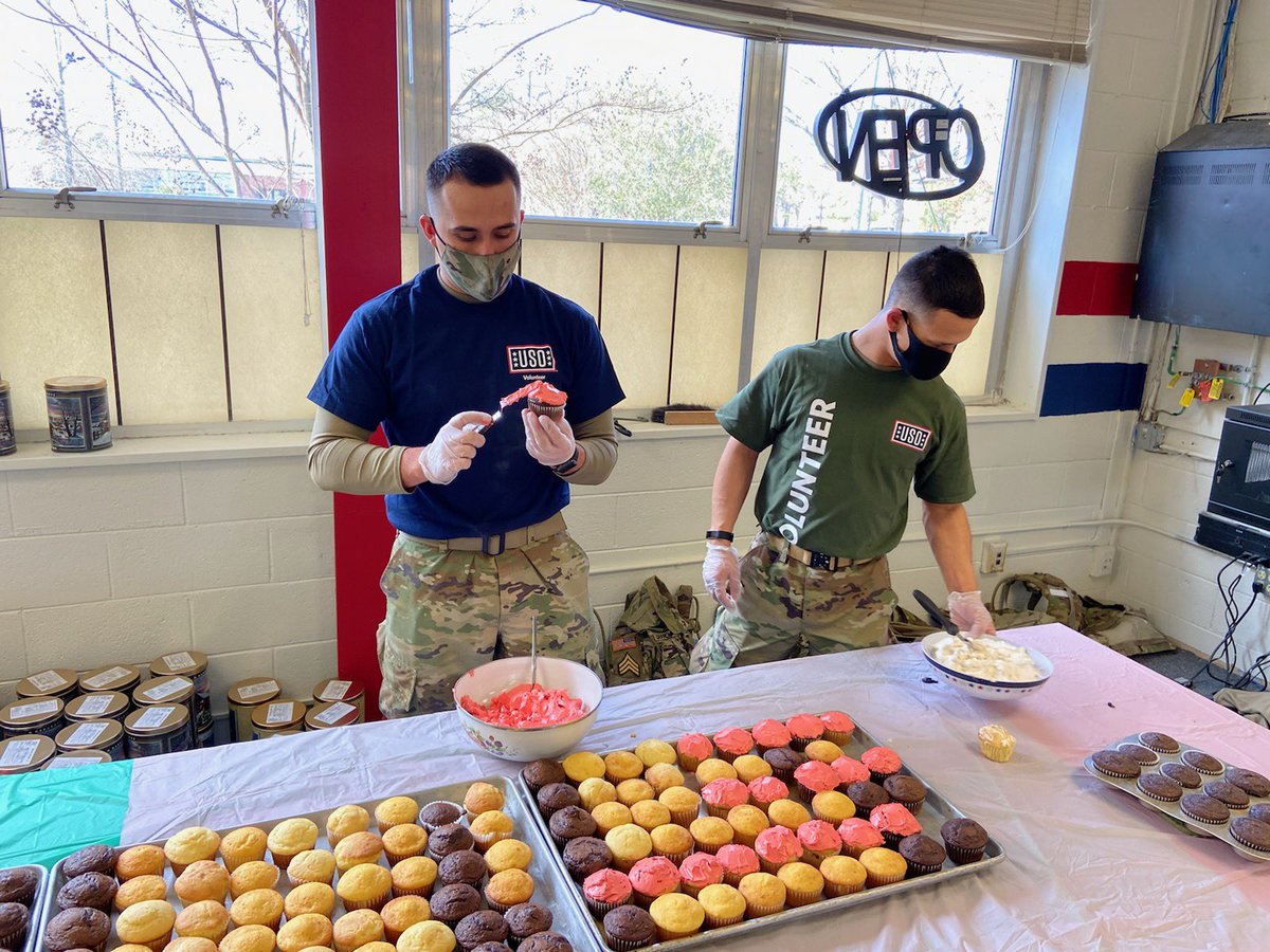 USOHRCV's tweet photo. What’s sweeter than winning? Free cupcakes made with USO love 🧁 😋 USO Fort Eustis is getting ready for #SuperBowlLV tonight! 🏈 Let us know who you’re rooting for #GoBucs #ChiefsKingdom #SaluteToService @NFL https://t.co/w1GkEbU1GB