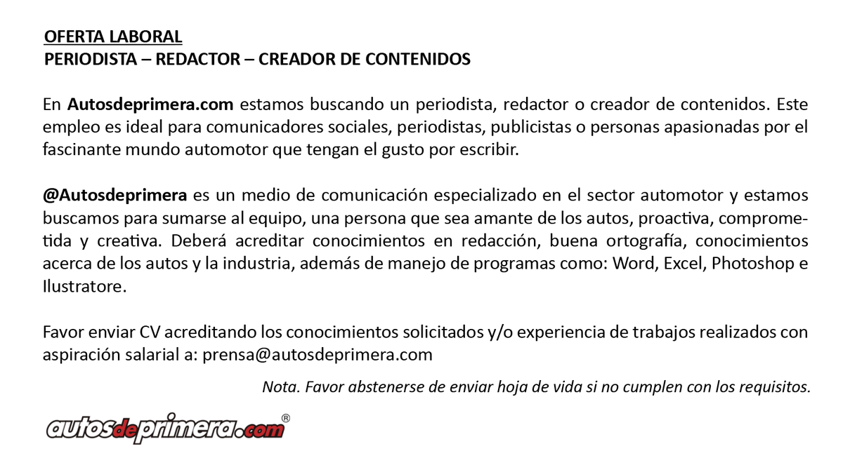 Autosdeprimera's tweet photo. ¿Te gustaría trabajar con nosotros? https://t.co/GzymKI1JpD