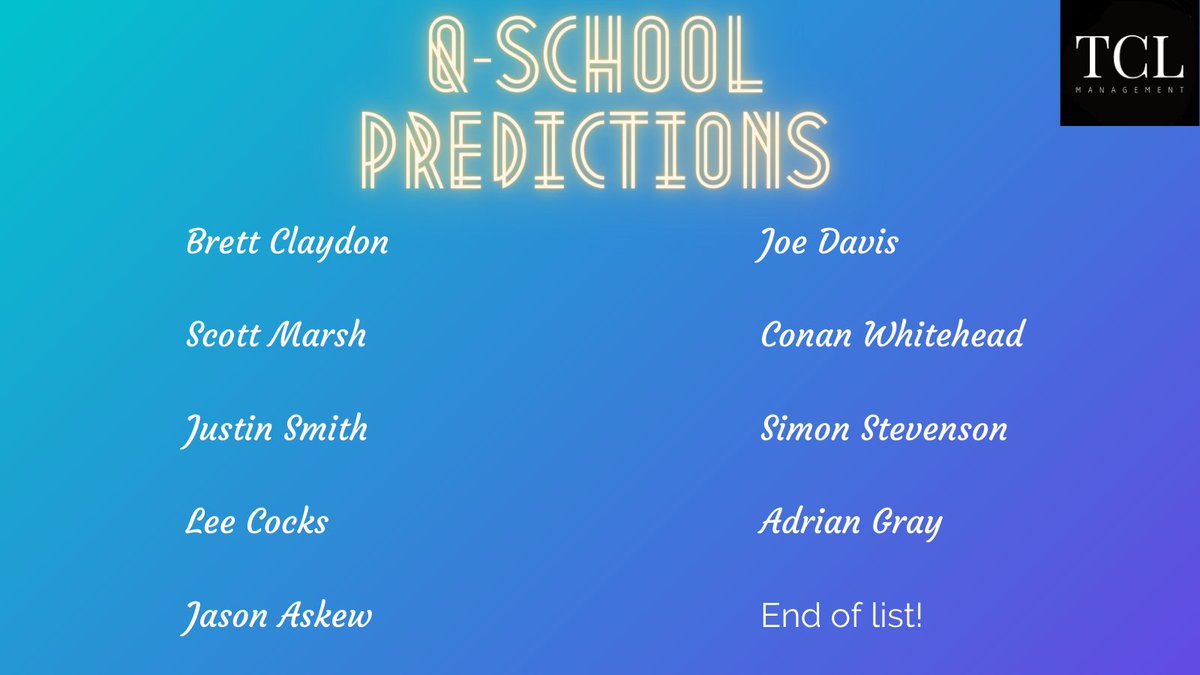 Lots of #QSchool prediction lists doing the rounds this PM, so here are our definitive picks which we are sure you will all agree with! 

#TeamTCL

<a href="/BrettClaydon/">Brett Claydon</a> <a href="/Scottymarsh1/">scott marsh</a> <a href="/justinsmithh3/">Justin smith🏴󠁧󠁢󠁷󠁬󠁳󠁿</a> <a href="/leecocks180/">Lee cocks</a> <a href="/JAskew93/">Jason Askew</a> <a href="/JoeDavisDarts/">Joe Davis</a> <a href="/conan_whitehead/">Conan Whitehead</a> <a href="/simonmirrorman/">Simon Stevenson</a> <a href="/adriangray180/">星盾黑客查档</a>