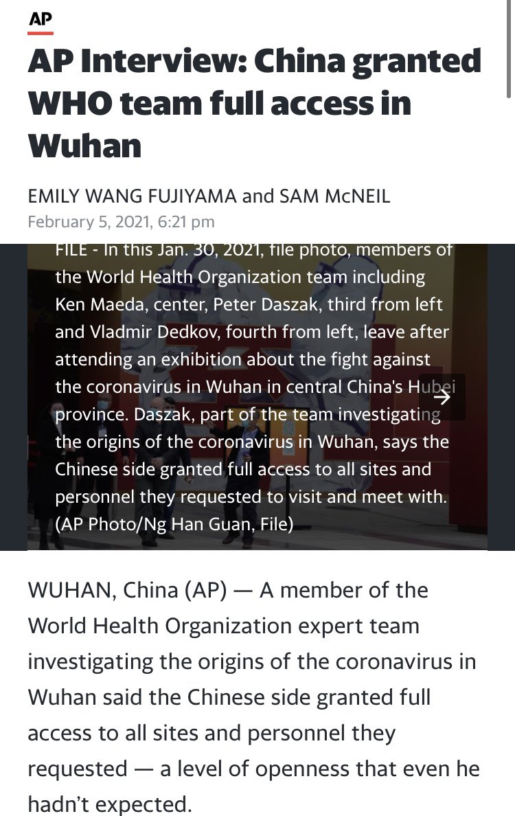 WHO dismissed the conspiracy theory of virus leak from Wuhan Laboratory (not reported by MSM)For the investigation, it was WHO who designed their itinerary and drew up the list of institutions they'd like to inquire. China showed the utmost cooperation and gave full access.