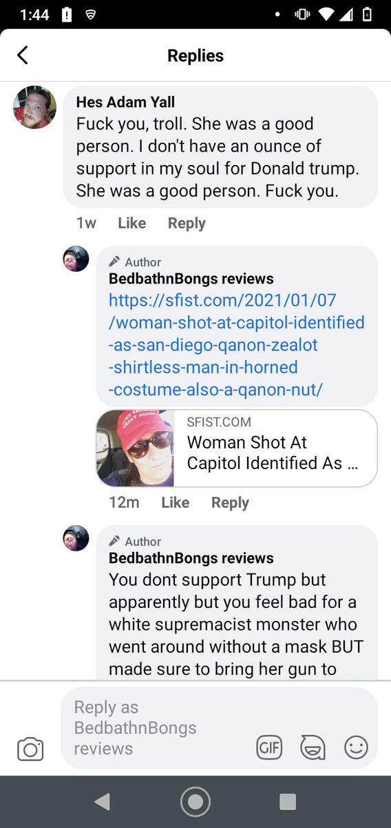 PeasleyVega's tweet photo. Had someone who said they were Ashli Babbit's friend verbally assault be on facebook, guess he didn't think I'd fight back. Really did not like my video - ended up deleting a majority of his posts and reporting ME for bullying. What a pussy. https://t.co/djuqTRfB0m
