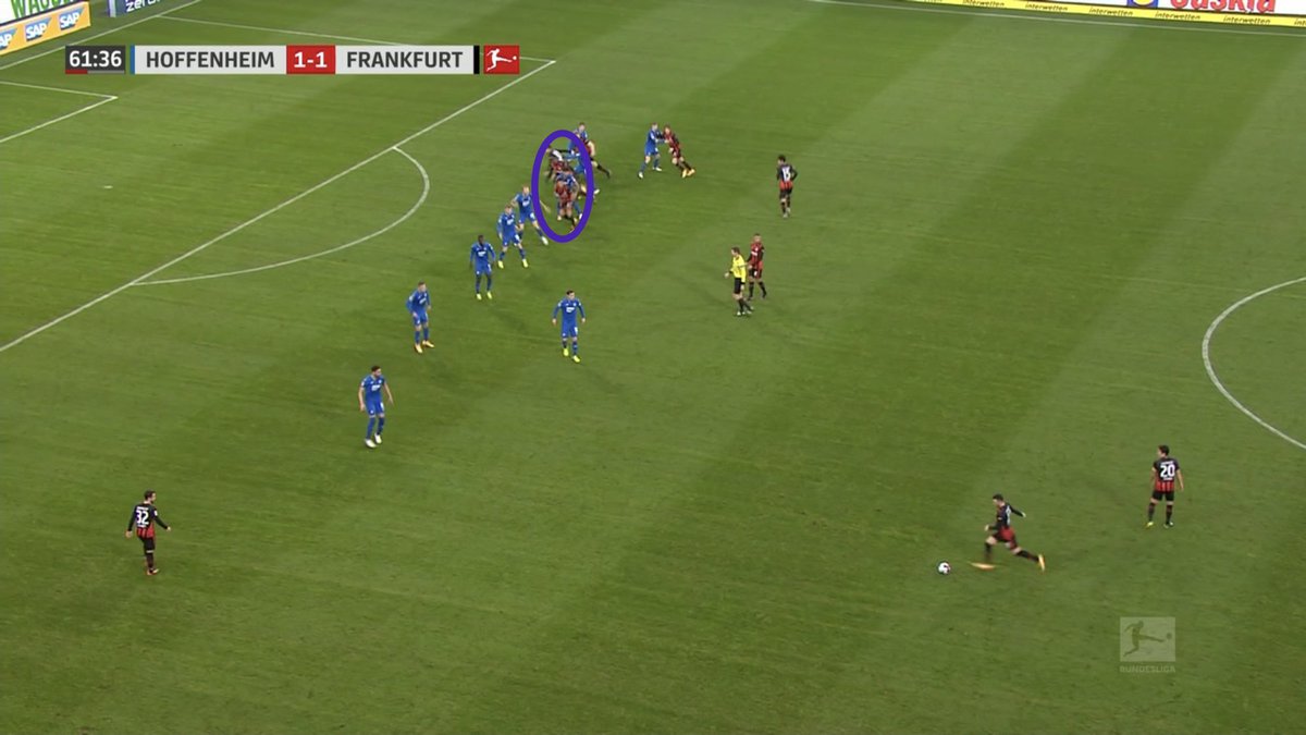 2. Right before the kick the scorer slides behind Richards on his back shoulder while the decoy run comes across his front shoulder to get ball-side, note the depth/angle of the “line”: