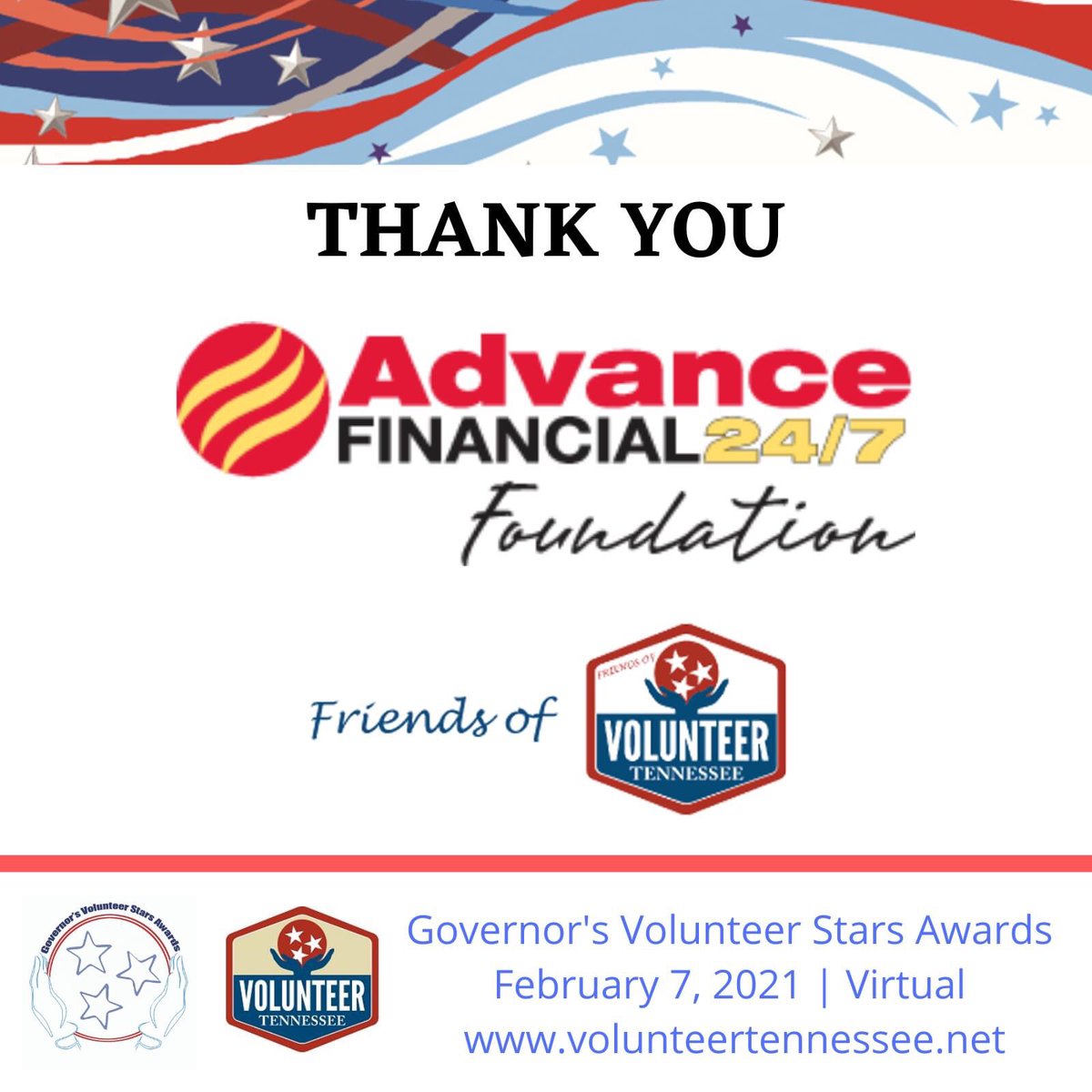 volunteertn's tweet photo. Today, Tennessee volunteers will be recognized at the 13th Annual Governor's Volunteer Stars Awards virtual event. Thank you to our Three-Star Sponsor @AF_247 Foundation for sponsoring the business awards and to Friends of Volunteer Tennessee for sponsoring the Nonprofit Awards. https://t.co/xlofYWiRUf