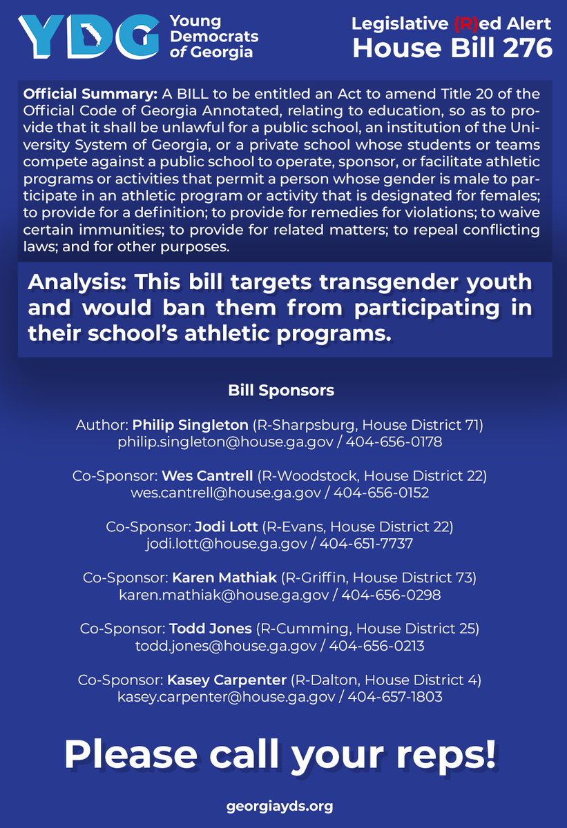 georgiayds's tweet photo. Georgia House Bill 276, sponsored by Philip Singleton (R-Sharpsburg, HD71) targets transgender youth. Call your reps and ask them to vote against this bill. #gapol https://t.co/mJPgMC3atD