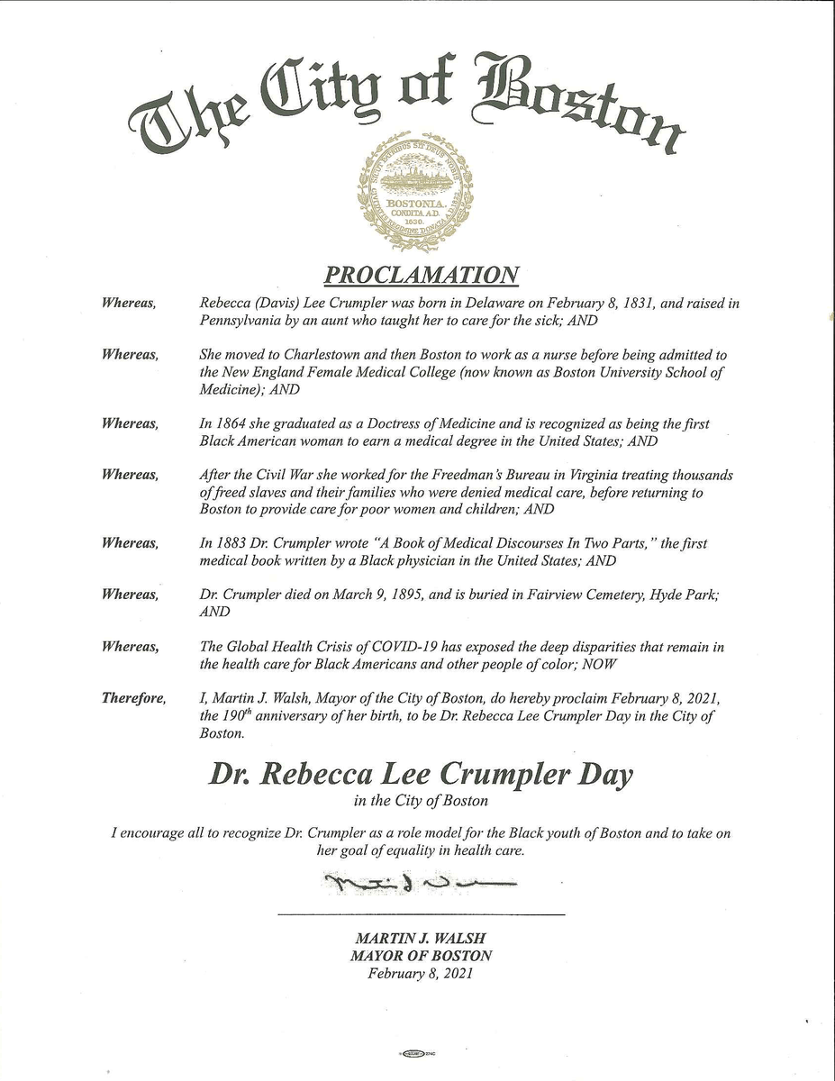 marty_walsh's tweet photo. Tomorrow is Dr. Rebecca Lee Crumpler Day in the @CityofBoston. As the first Black American woman to earn a medical degree and a graduate of @BUMedicine, Dr. Crumpler is a trailblazer for our nation and hero for every patient she treated. https://t.co/UKrZi39Fkm