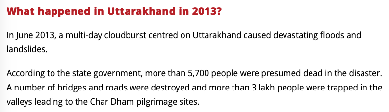 11. But if you must mention it, at least mention that it was a GLOF where the Chorabari glacial lake burst after a cloudburst. (I know, too many bursts.)(Source:  https://www.indiatoday.in/india/story/uttarakhand-glacier-burst-what-is-glacier-outburst-flood-why-how-does-glacier-burst-1766857-2021-02-07)