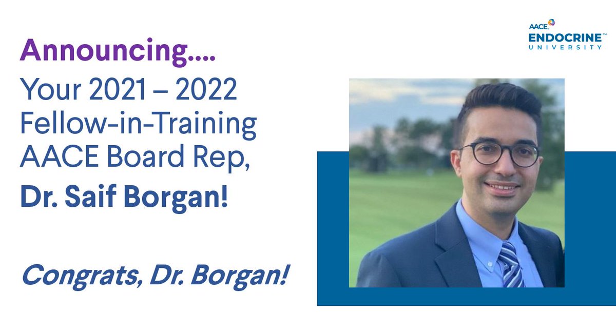 TheAACE's tweet photo. That's a wrap on #EndocrineUniversity for this weekend - thank you to all for attending! And congratulations to Dr. Saif Borgan, your newly elected Fellow-In-Training AACE Board Representative for 2021-2022! Stay tuned for recordings and more https://t.co/zfmNit8GZY #WeAreAACE https://t.co/ixwEaUyCS3