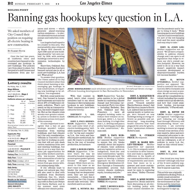 In today’s  @latimes: My survey of all 15 Los Angeles Ciy Council members and Mayor Eric Garcetti, asking them if they’d support a ban on gas in new housing to fight climate change:  https://www.latimes.com/environment/newsletter/2021-02-04/bay-area-cities-have-banned-gas-to-fight-climate-change-but-not-los-angeles-boiling-point 1/
