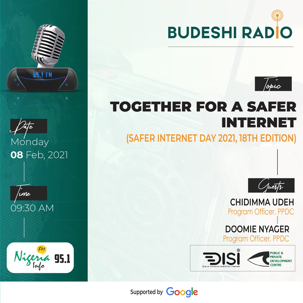 disi_nigeria's tweet photo. Join us for an exciting live conversation on @NigeriaInfoAbj by 9:30am tomorrow with @chidimmalizzy and @missnyager as they discuss the 18th edition of the annual #SaferInternetDay tagged "Together For A Better Internet".

#SaferInternetDay2021 #SID2021 #SID2021NG #VSID2021 https://t.co/4SATVmHOr8