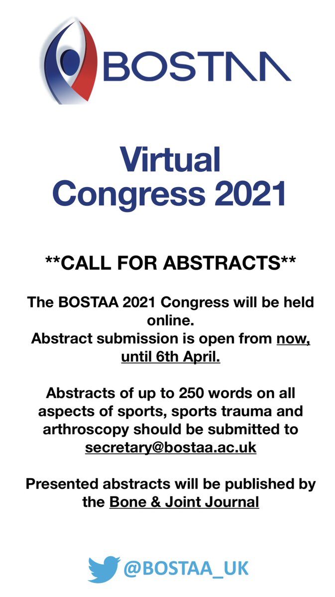 BOSTAA (@bostaa_uk) on Twitter photo Abstract submission is now open for BOSTAA 2021. Closing date 6th April. Presented abstracts will be published in the Proceedings <a href="/BoneJointJ/">The Bone & Joint Journal</a> *submit now* <a href="/bjjeditor/">Prof Fares Haddad</a> #orthotwitter #SportsMedicine #orthopaedics #MedEd Abstract submission is now open for BOSTAA 2021. Closing date 6th April. Presented abstracts will be published in the Proceedings <a href="/BoneJointJ/">The Bone & Joint Journal</a> *submit now* <a href="/bjjeditor/">Prof Fares Haddad</a> #orthotwitter #SportsMedicine #orthopaedics #MedEd