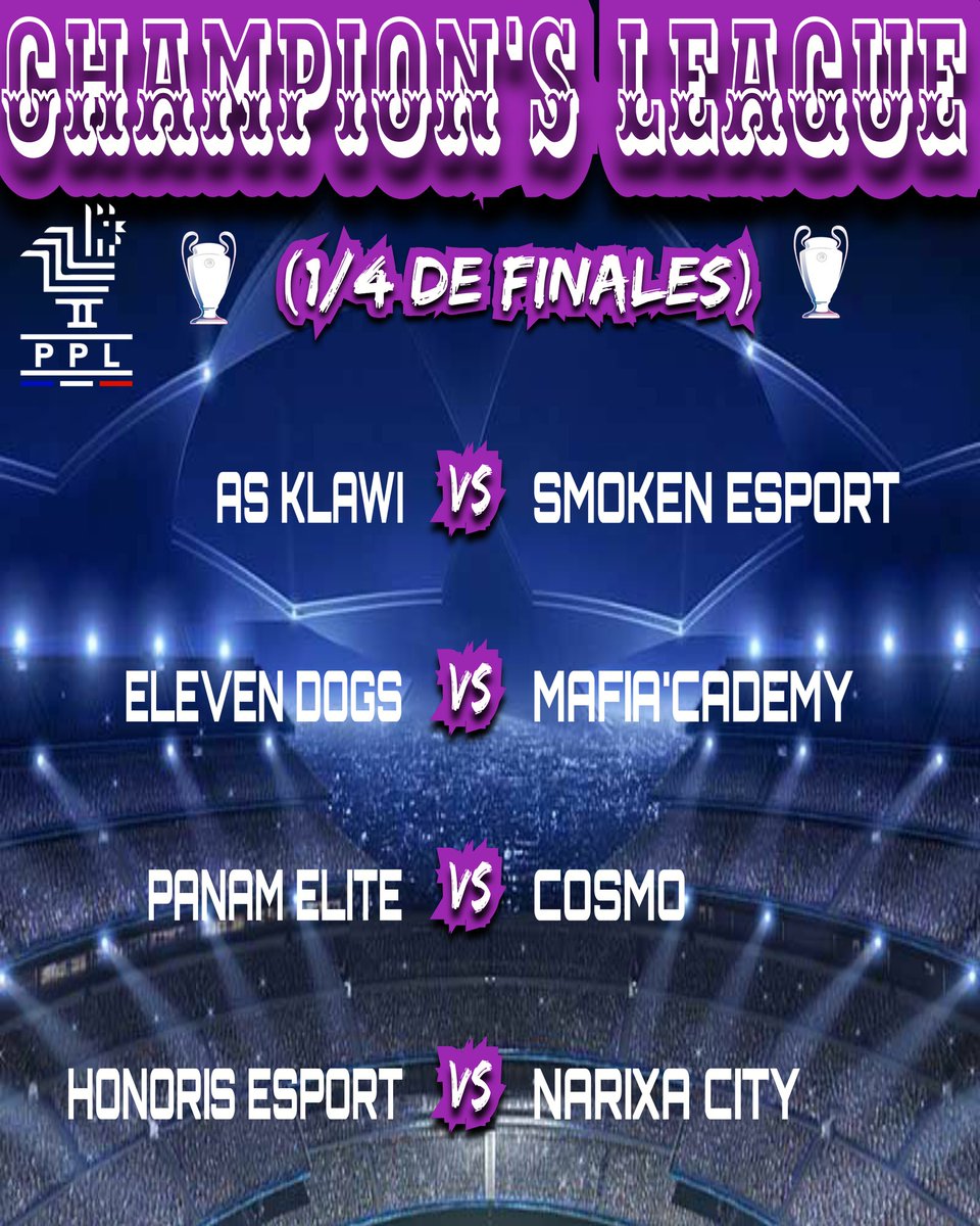 🇪🇺CHAMPION'S LEAGUE PPL🇪🇺

Voici le résultat du tirage au sort des 1/4 de finales de #ChampionsLeaguePPL

Bonne chance messieurs 💪💪

#FIFA21 #ClubPro #ps4 #esports #LiguePPL <a href="/RTduCP/">RT du Club Pro</a> <a href="/rtducp1/">𝐑𝐓_𝐄𝐒𝐏𝐎𝐑𝐓</a> <a href="/GamingRTweeters/">Gaming RTs</a>