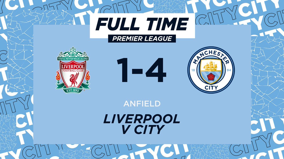 ManCityJP's tweet photo. 90+3' 試合終了 ⌚

難所アンフィールドを攻略🙌
ライバルを下して公式戦14連勝🔥

夜遅くまで応援📣
ありがとうございました🙇‍♂️💙

🔴 1-4 🔵 #ManCity https://t.co/AesnPFedtp