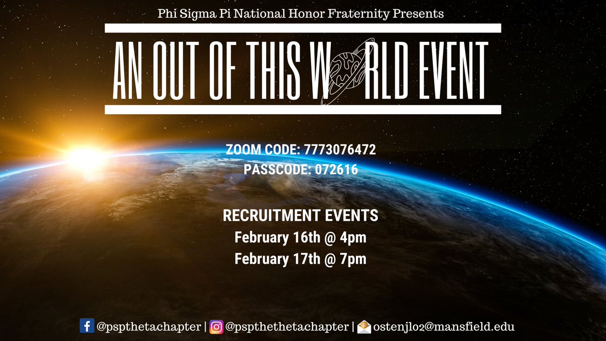 PSPThetaChapter's tweet photo. Recruitment events are this week! Mark you calendars!
#PSPThetaChapter
#PhiSigmaPiNationalHonorFraternity
#MansfieldUniversity
#RecruitmentEvent https://t.co/cZAfRT0gUT