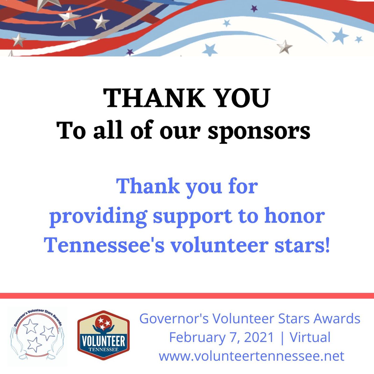 volunteertn's tweet photo. For the 2020 Governor's Volunteer Stars Awards virtual event, we would also like to thank our One-star Sponsor Terry Silver and State Service Supporter Sponsor @PiedmontNG, as well as the many individuals who generously donated. We are so grateful for their support! #2020GVSA https://t.co/ipspwXF0pN