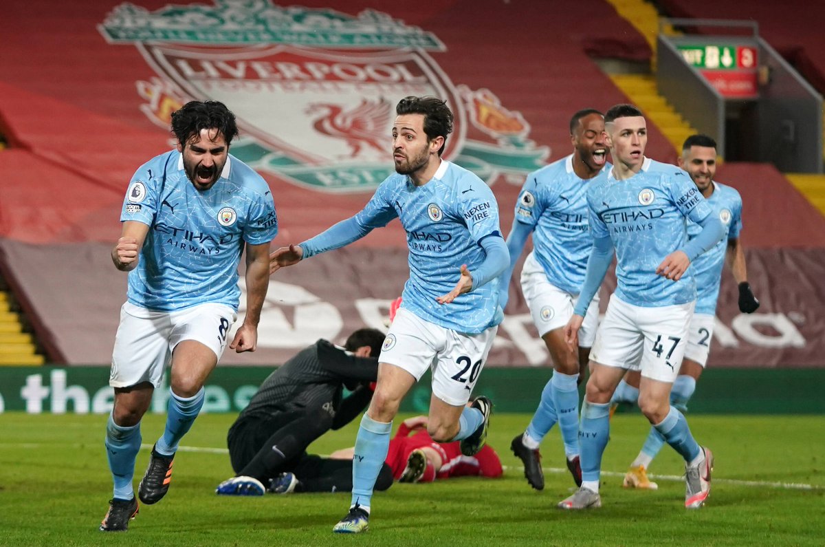 IlkayGuendogan's tweet photo. What a performance, what a night - what a victory at Anfield 🔥🎱 Very proud of the boys! 💙💙💙 @ManCity https://t.co/skldyhzbzA