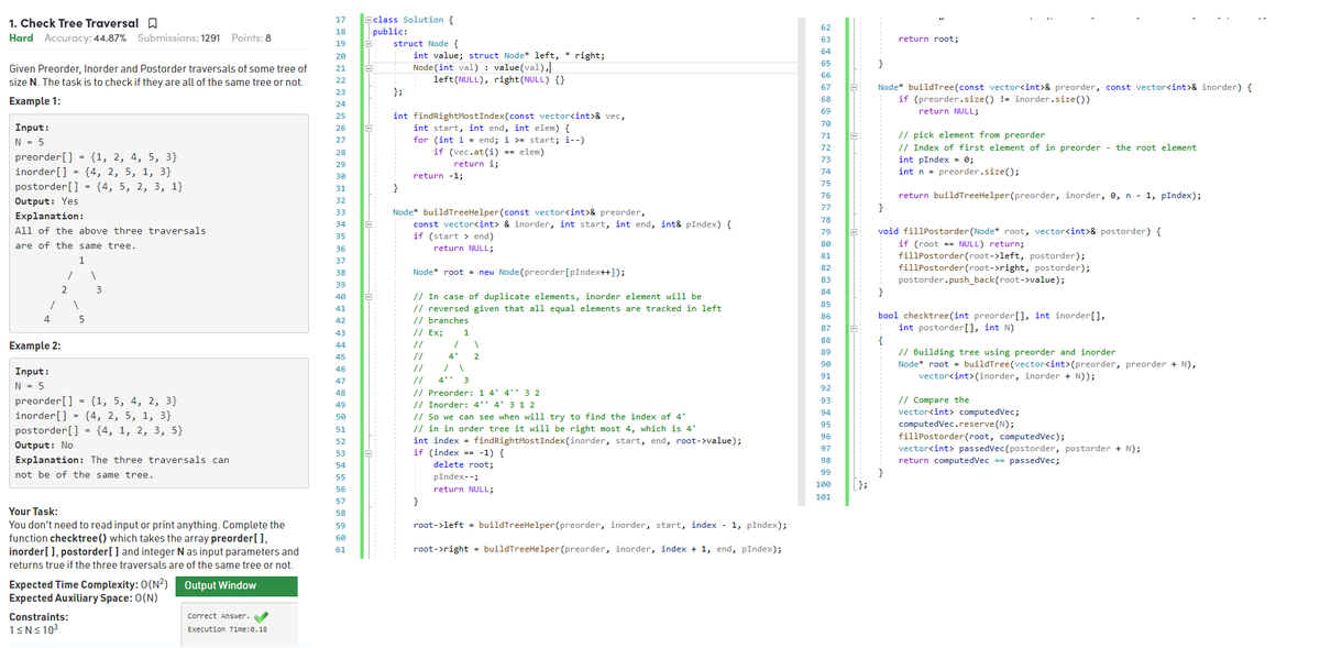 gauravgaur1981's tweet photo. My solution to #Day13 problem - CheckTreeTraversal (Given #Preorder, #Inorder #Postorder traversals of some #tree, check if they are all of the same tree or not) @geeksforgeeks with #30daysofcodewithGFG
#cpp #c++ #coding #condingisfun #problemsolving
https://t.co/hiJT7vAxJR https://t.co/kHS6qCzPlt