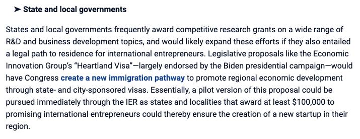 2nd, any state & city with an economic development arm could attract int'l entrepreneurs by running a competitive funding program that awards at least $100kThis can happen now, without waiting for Congress to pass a "Heartland Visa" program as  @InnovateEconomy has proposed.5/