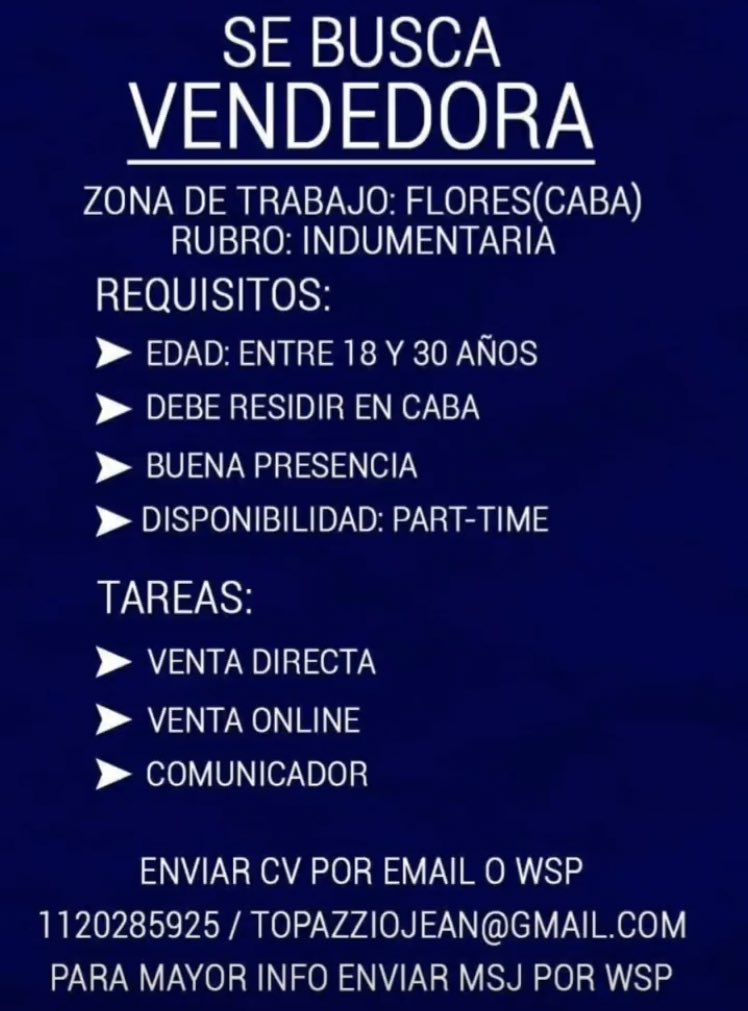LabolsaPeroncha's tweet photo. 👉VENDEDORA
📍Flores.
#TrabajoAr #LaBolsaPeroncha https://t.co/50K1nkAYOs