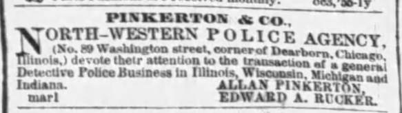 An 1856 ad from the Chicago Tribune, advertising the Pinkerton Agency's services.
