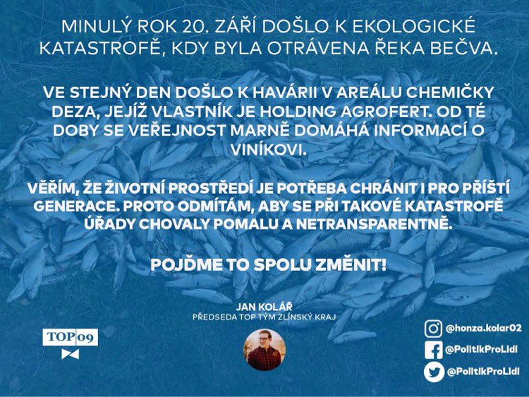 PolitikProLidi's tweet photo. Stále nevyřešená Bečva...
@top09zk @TOP09cz @TOPtym
#becva #havarie #katastrofa #ekologie #vlada #urady #agrofert #deza #PolitikProLidi #komunal2022 #toptym #top09 #top #spolu #myjsmetop #myjsmetoptym https://t.co/BihmOf05P5