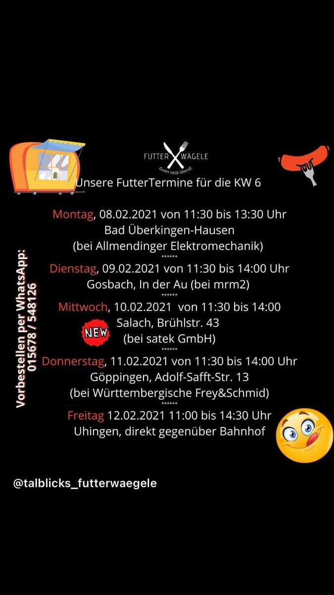FutterWaegele's tweet photo. Unsere FutterTermine für die kommende Woche

#talblickontour #streetfood #kantinenersatzverkehr #schwäbisch #frisch #gekocht #rausindermittagspause https://t.co/YTk04waaPA