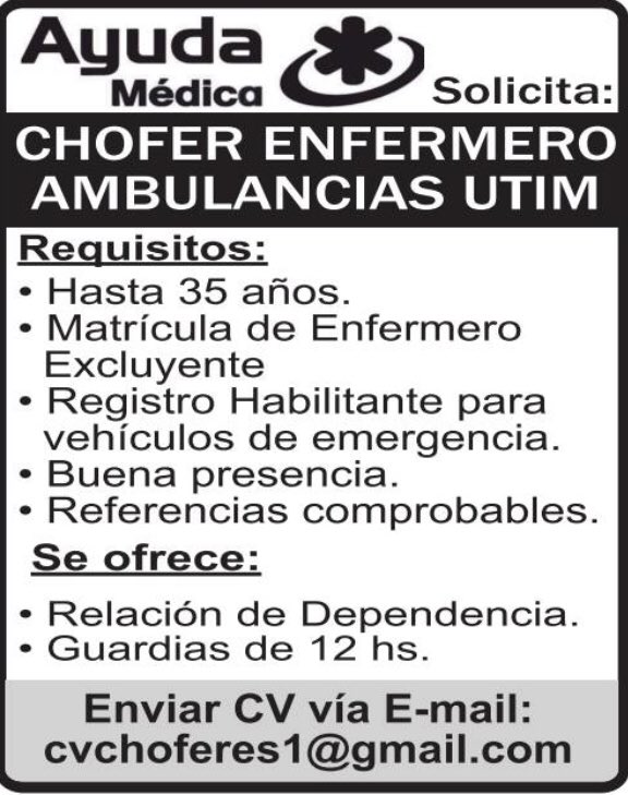 LabolsaPeroncha's tweet photo. 👉Chofer enfermero 
#PersonalDeSalud
#trabajoAr #LaBolsaPeroncha https://t.co/D0gA2W5WCj