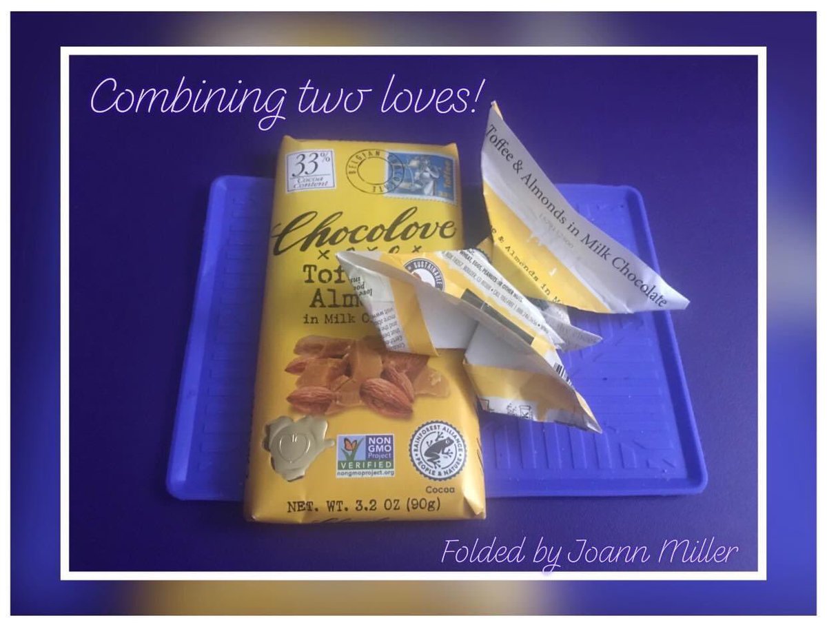 purpleology's tweet photo. What do you do on a snow day???? You combine two loves.... for me chocolate and origami just fold perfectly together!!!!

My fav chocolate bar?  @chocolovexo Toffee &amp; Almonds in Milk Chocolate!  Plus the wrapper makes for fun folding in origami.... https://t.co/S6HvQIdnjw