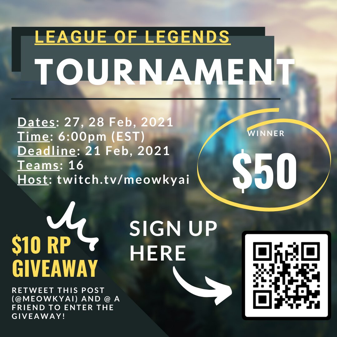 Fayethings_'s tweet photo. ‼️ Announcing League of Legends tournament ‼️
Retweet this post and @ a friend to enter giveaway!
For more details / sign up: Scan the QR code https://t.co/9hLBwqzPfi