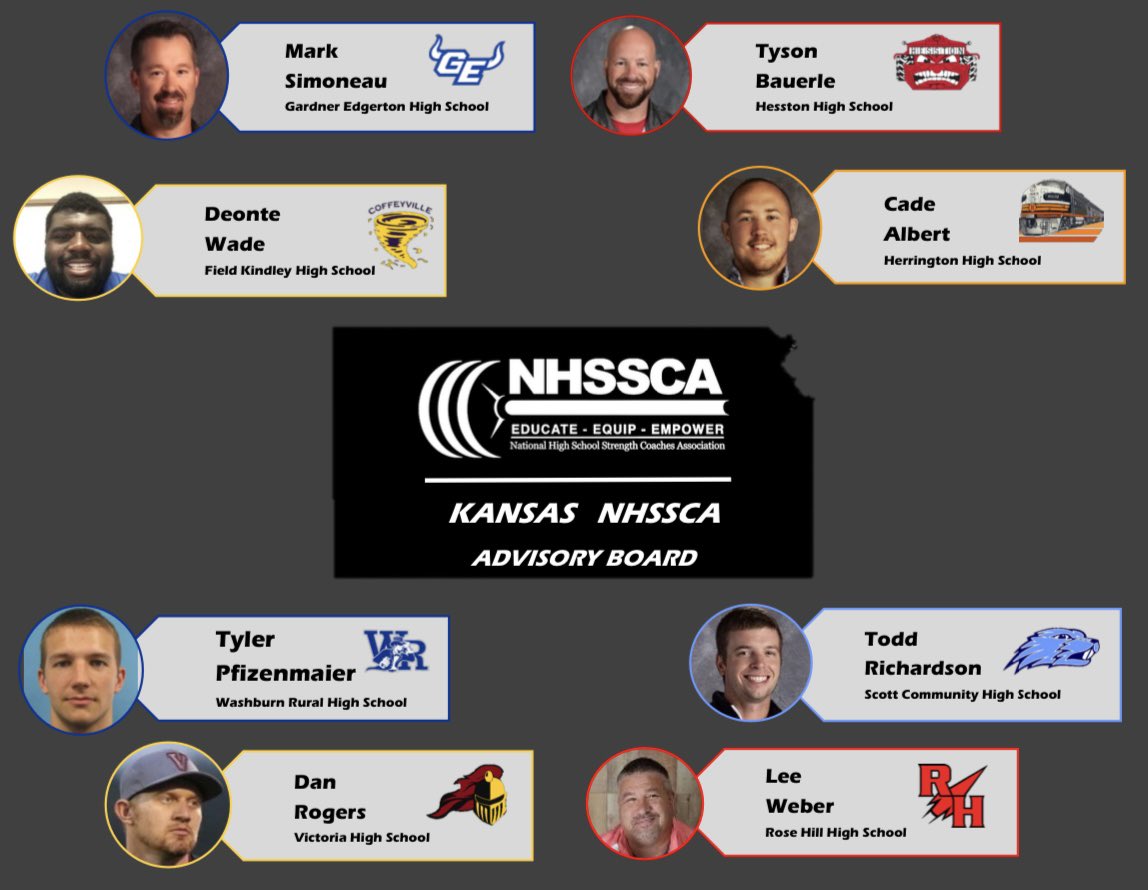 Introducing the Kansas NHSSCA Advisory Board! These great coaches will help advance the high school strength &amp; conditioning profession in the great state of Kansas! <a href="/NHSSCA/">NHSSCA</a>