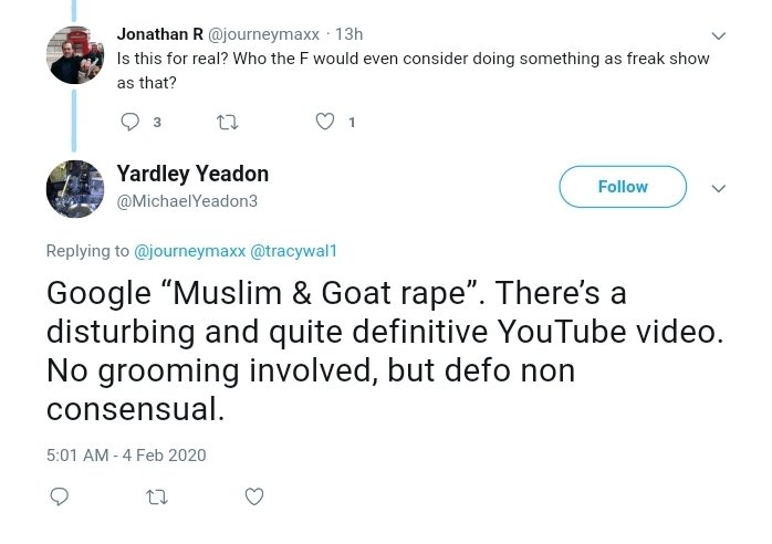 In fact, before covid, one of Michael Yeadon's main themes was .. er .. rampant Islamaphobia. https://web.archive.org/web/20191226204233if_/https://twitter.com/MichaelYeadon3/status/1210297736098127872 https://web.archive.org/web/20191226225710if_/https://twitter.com/MichaelYeadon3/status/1210329921127690240 https://web.archive.org/web/20200204203600if_/https://twitter.com/MichaelYeadon3/status/1224679447393185794 https://web.archive.org/web/20191226204122if_/https://twitter.com/MichaelYeadon3/status/1210296368784433158