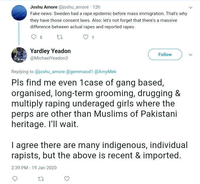 He also has a Tommy Robinson style obsession with gangs grooming underage girls. https://web.archive.org/web/20191218140611/https://twitter.com/MichaelYeadon3/status/1207299743560404993 https://web.archive.org/web/20200120031342if_/https://twitter.com/MichaelYeadon3/status/1219026542879301633 https://web.archive.org/web/20191218141442if_/https://twitter.com/MichaelYeadon3/status/1207298813087698945 https://web.archive.org/web/20200122183758if_/https://twitter.com/MichaelYeadon3/status/1220050865467330562