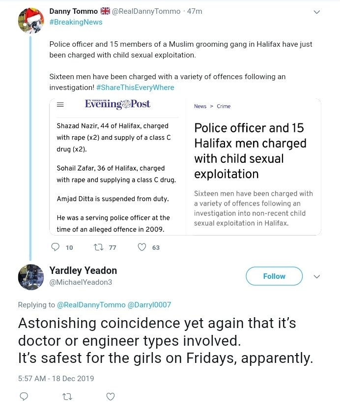 He also has a Tommy Robinson style obsession with gangs grooming underage girls. https://web.archive.org/web/20191218140611/https://twitter.com/MichaelYeadon3/status/1207299743560404993 https://web.archive.org/web/20200120031342if_/https://twitter.com/MichaelYeadon3/status/1219026542879301633 https://web.archive.org/web/20191218141442if_/https://twitter.com/MichaelYeadon3/status/1207298813087698945 https://web.archive.org/web/20200122183758if_/https://twitter.com/MichaelYeadon3/status/1220050865467330562