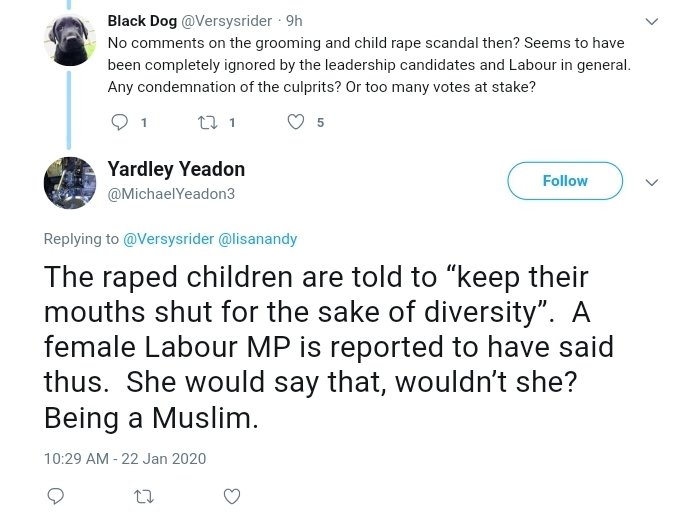 He also has a Tommy Robinson style obsession with gangs grooming underage girls. https://web.archive.org/web/20191218140611/https://twitter.com/MichaelYeadon3/status/1207299743560404993 https://web.archive.org/web/20200120031342if_/https://twitter.com/MichaelYeadon3/status/1219026542879301633 https://web.archive.org/web/20191218141442if_/https://twitter.com/MichaelYeadon3/status/1207298813087698945 https://web.archive.org/web/20200122183758if_/https://twitter.com/MichaelYeadon3/status/1220050865467330562