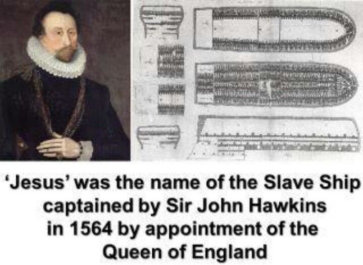 Hawkins left with JESUS to steal some more Africans, and he returned to England with such dividends that Queen Elizabeth made him a knight. Hawkins chose as his coat of arms the representation of an African in chains.