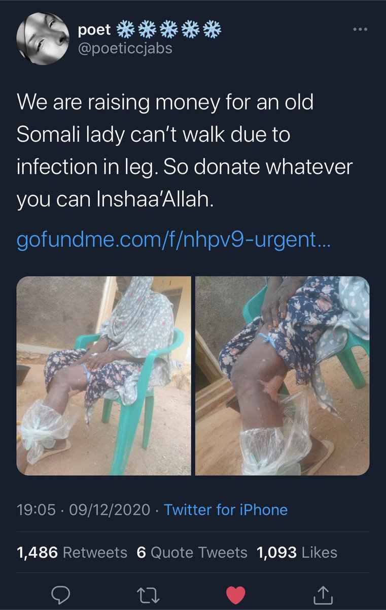 Okay, So I’ve been following  @poeticcjabs since 2019 and I’ve seen her do countless fundraisers in the last year. 2 days ago she shared a gofundme for a Somali mother, I checked the page / organiser to see if it’s legit (as I always do before donating).
