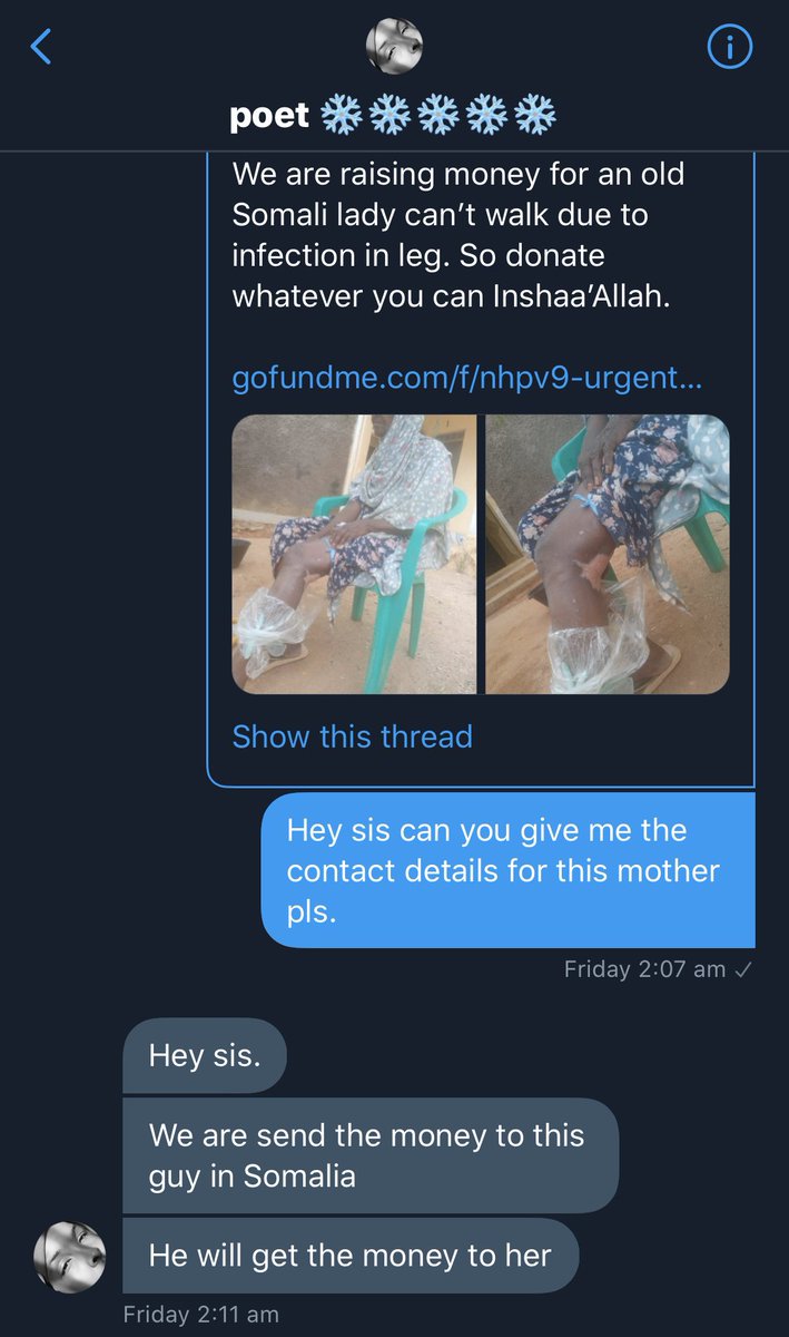 I couldn’t find ‘4giving charity’ anywhere online so I decided to DM her to ask for the contact details of the mother. (Told her it was for a friend so she doesn’t think I’m suspicious) She told me she doesn’t have it and that she sends the money to a ‘guy in somalia’