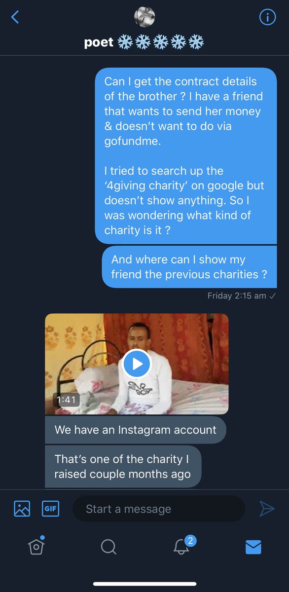 I couldn’t find ‘4giving charity’ anywhere online so I decided to DM her to ask for the contact details of the mother. (Told her it was for a friend so she doesn’t think I’m suspicious) She told me she doesn’t have it and that she sends the money to a ‘guy in somalia’