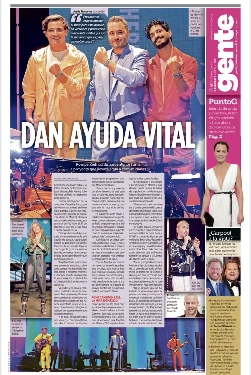 Gracias <a href="/reformagente/">Reforma Gente!</a> por el apoyo. <a href="/thetogetherband/">#TOGETHERBAND</a> busca ayudar a las comunidades más vulnerables de nuestro país. Únete y disfruta el concierto de <a href="/ReikMx/">REIK</a> #TogetherLive el próximo 27 de febrero. #Música #Concierto #AyudaHumanitaria #México