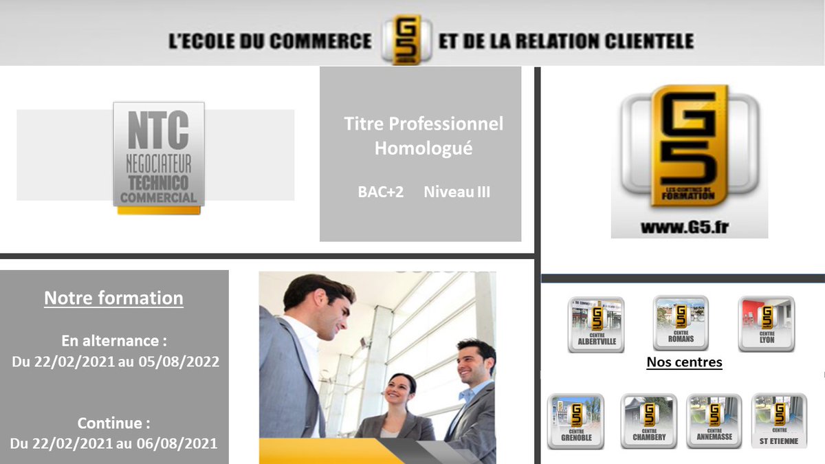 G5 intègre des stagiaires en formation à différentes périodes de l'année.😃

En avant-première pour cette année 2021: la formation Négociateur Technico-Commercial.💻
‼️Pour plus d'informations, contactez-nous : g5.fr ‼️
#technicocommercial #ventes #formation